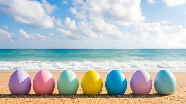 Easter sunday celebration with colorful eggs on a serene beach