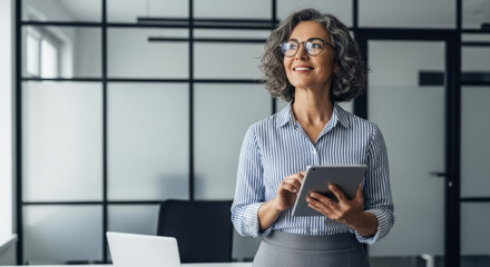 Confident adult woman with glasses holding a digital tablet in a modern office setting wearing white and blue striped shirt and gray skirt looking away from the camera.