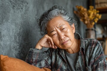 Middle aged woman sits on sofa at home showing signs of anger and stress while dealing with aging and mental health issues