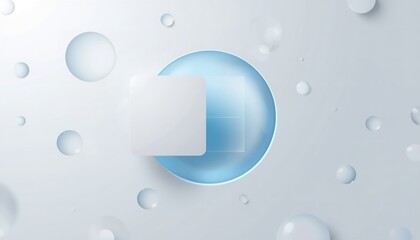 A modern design concept featuring a blue circle with a white square on a clean background with water droplets