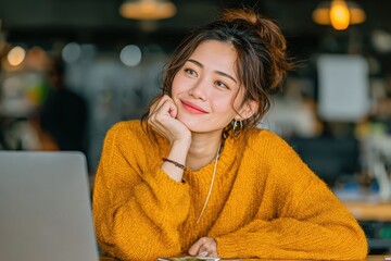 Happy Latin lady participating in online seminar at home to gain new skills and discuss job opportunities with others in a remote learning environment