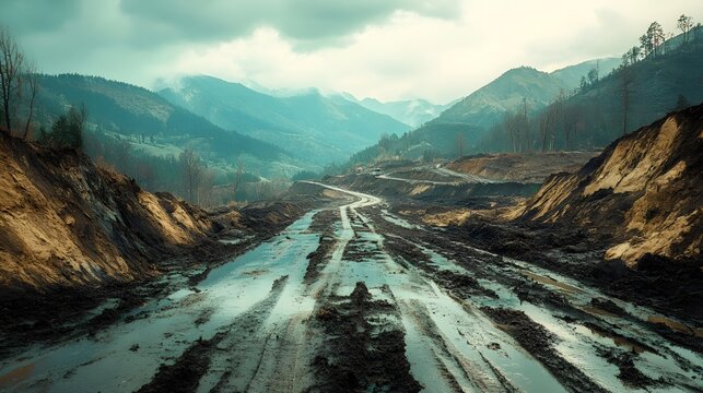 Gullies and sediment cover on mountain slopes after mudslides