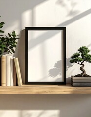 Minimalist Shelf Decor with Blank Frame and Bonsai Tree.