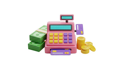 3D Cartoon Cash Register with Money and Coins
