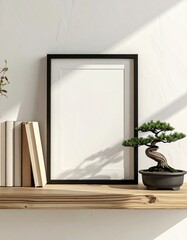 Minimalist Shelf Decor with Bonsai Tree and Books.