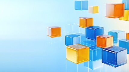Floating Glass Cubes in Blue Orange Yellow on Light Blue Background, Abstract Geometric Tech Illustration for Business Presentation