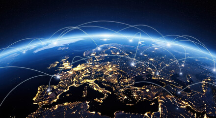 Europe continent viewed from space at night, highlighted by a global network of connecting lines, city lights glowing in the darkness of planet Earth.
