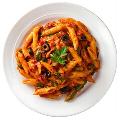 top shot of a plate of veg penne pasta in extra red sauce on a white plate. warm lighting, white background.