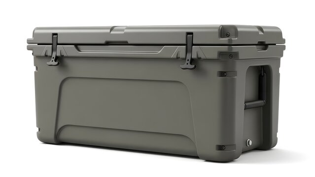 A rugged large olive green portable cooler with sturdy latches sits isolated on a white background.
