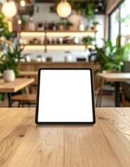 Tablet computer on a wooden table in a cafe with blurred background.