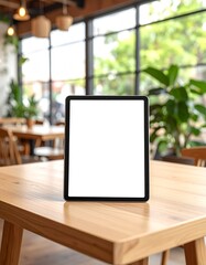 Blank Tablet Screen on a Wooden Table in a Cafe Setting.