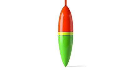 A vibrant orange and green fishing bobber with a yellow stripe stands vertically on a clean white background.