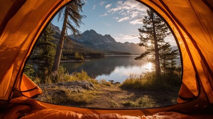 Scenic lakeside view from orange tent at sunrise in mountainous forest landscape.