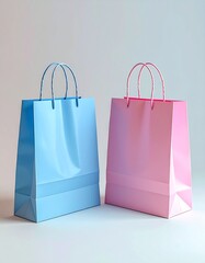 Two Colorful Shopping Bags, Pink and Blue, Isolated on a Light Background.
