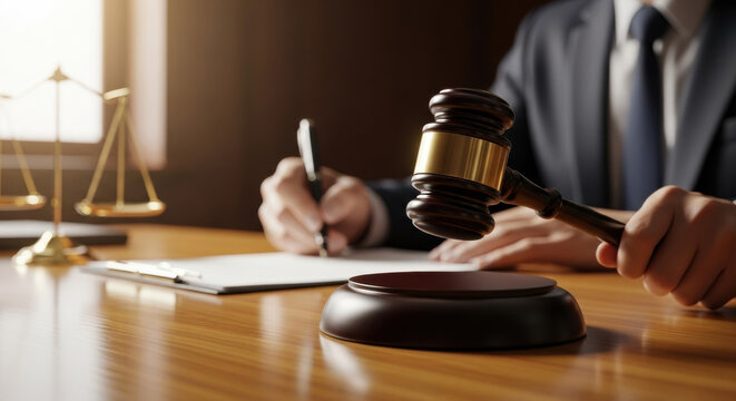 Close up on a gavel being held over wooden desk with scales of justice in the background with a person writing. Illustrates the legal system.
