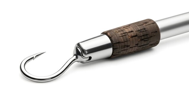 A gleaming silver fishing gaff with a textured cork handle is presented on a clean white background.