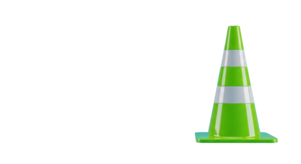 A pristine, hyper-detailed 3d illustration of a lime green traffic cone with crisp white reflective bands on a glossy cyan studio floor with copy space. Concept of construction safety vigilance