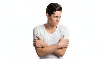 A young man with his arms crossed and a worried, uncomfortable expression on his face looks down.