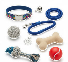 Collection of Pet Accessory Stickers with Dog Toys and Collar