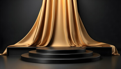 luxury curtain with gold curtains, luxury podium with a golden silk, enhanced with 3D effect, Gererative Ai