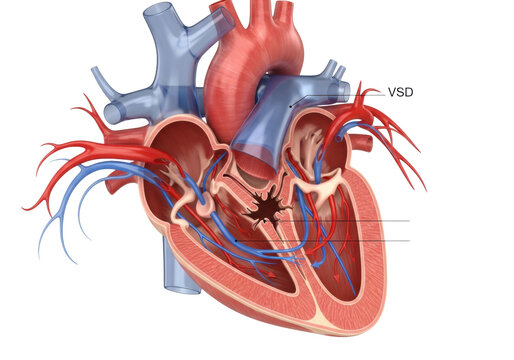 highly detailed 3d anatomical heart visualization, cutaway view showing vsd defect with red and blue blood flow arrows, isolated on transparent background. concept for medical education