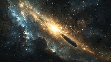 Fototapeta premium A bright comet streaking through the dark void of space, with a tail of glowing stardust trailing behind. .