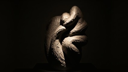 Abstract textured sculpture illuminated by dramatic spotlight against dark background