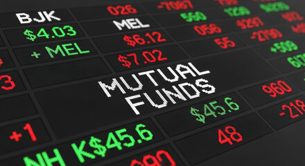 An illuminated mutual funds board showing stock ticker in red, green, and white. The display shows market data, investment, and financial information.