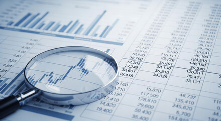 Close up shot of a magnifying glass over blue toned financial data sheets with graphs, tables, and numbers for business analysis and research.