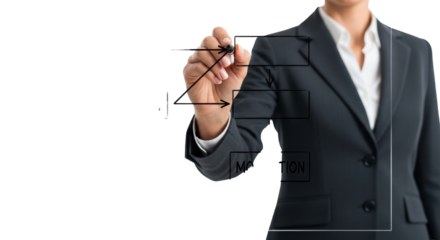 Close-up of a professional caucasian woman's hand in a tailored dark suit drawing a strategic flowchart on transparent glass against transparent copy space. Concept of decisive business strategy