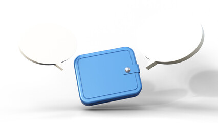 Wallet with speech bubbles on a isolated background. Blank speech bubble or text boxes and wallet. Online payment and money transfer concept. Cashback. Money flow, transactions, or digital finance. 