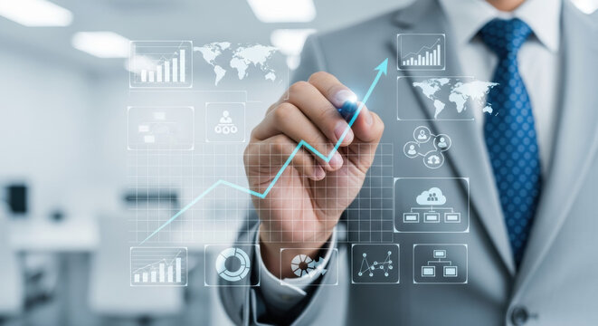 A businessman in a suit draws a growth chart on a transparent display, highlighting business success and financial strategy with a world map in the background.  - Powered by Adobe