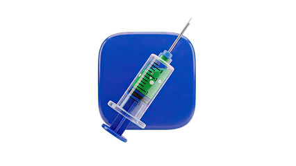 3D Illustration of a Syringe with Green Liquid on a Blue Square Background