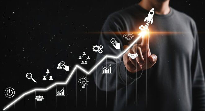A man touches a rising line graph with a rocket launch icon, symbolizing achievement and future planning on a black background with stars, representing business growth and innovation. - Powered by Adobe