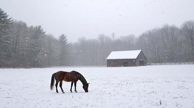 Snowy field with a lone horse grazing, distant barn and snow-covered trees .