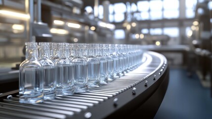 Naklejka premium An empty, fully automated bottling and packaging line, with clean glass bottles moving along a conveyor belt towards a filling machine. Efficiency and mass production concept. Sterile environment, 