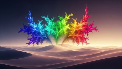 Vibrant rainbow-colored tree explosion emerging from sand dunes under twilight sky