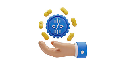 3D Rendering of Hand Presenting Coding Badge with Pills