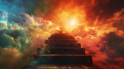 A breathtaking pathway leads to an ethereal light. The colorful clouds surround the mystical stairs. Explore this vision of transcendence and wonder. Generative AI