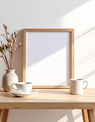 Minimalist Wooden Frame Mockup with Coffee Cup and Dried Flowers.