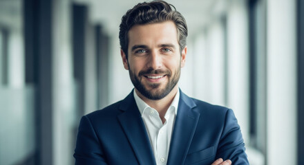 Smiling brunette businessman in blue suit and white shirt portrait inside a modern office interior showcasing success and confidence. Blurred background highlights professional setting.