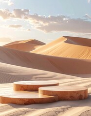 Desert Dunes and Wooden Pedestals Under a Cloudy Sky.