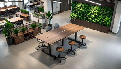 Modern office coworking space large desk wooden table office chair stool indoor plant green wall open plan contemporary interior Modern office