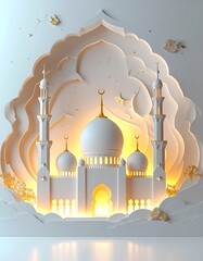 Beautiful White Mosque with Golden Lights and Crescent Moon Symbol.