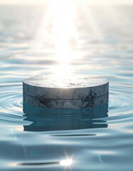 Cylindrical Object Floating on Rippling Water Surface with Bright Sunlight Reflection.