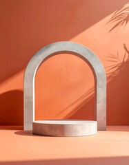Minimalist Archway Pedestal with Warm Orange Background and Shadow Play.
