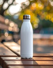 White Reusable Water Bottle with Metal Cap on Wooden Table Outdoors.