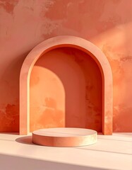 Minimalist Archway and Pedestal with Warm Orange Tones and Soft Light.
