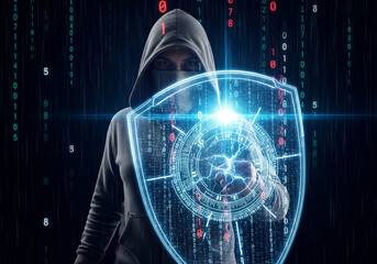 Person holding holographic shield deflecting binary code rain data protection concept.