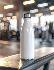 White Reusable Water Bottle on Gym Bench with Blurred Background.
